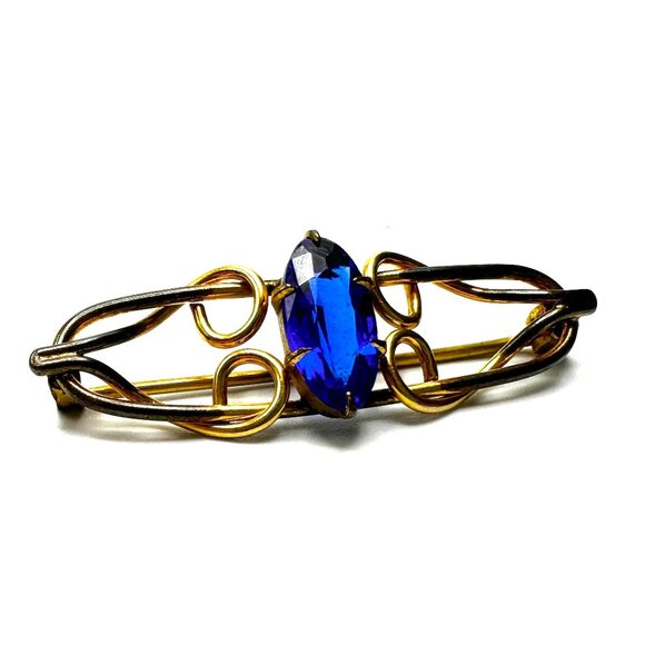 Edwardian Gold-Filled Blue Glass Brooch—Emerald Cut Shaped Faceted Glass – GUC - Picture 7 of 9